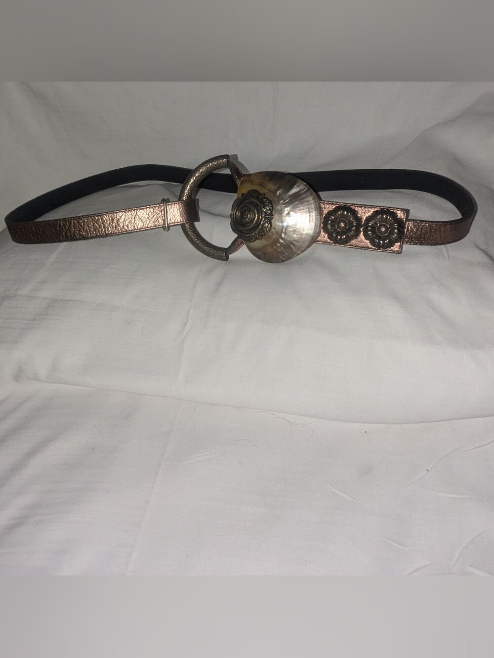 Women's Metallic Bronze Leather Statement Belt Mother Of Pearl Shell Rosette Buc